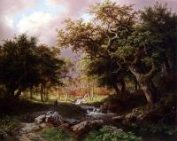 Koekkoek, Barend Cornelis - A Wooded Landscape With Figures Along A Stream